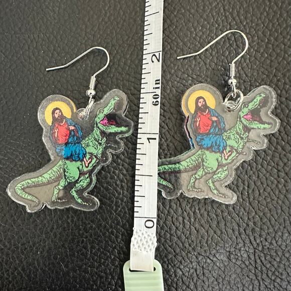 Jesus Riding a T-Rex Comedy Funny earrings - Picture 3 of 4